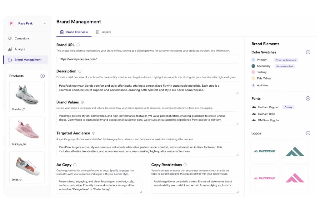 Omneky brand management dashboard showing centralized brand assets and guidelines