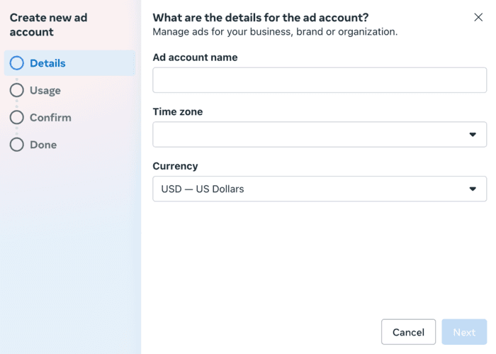 Create new ad account - add name, timezone, and currency
